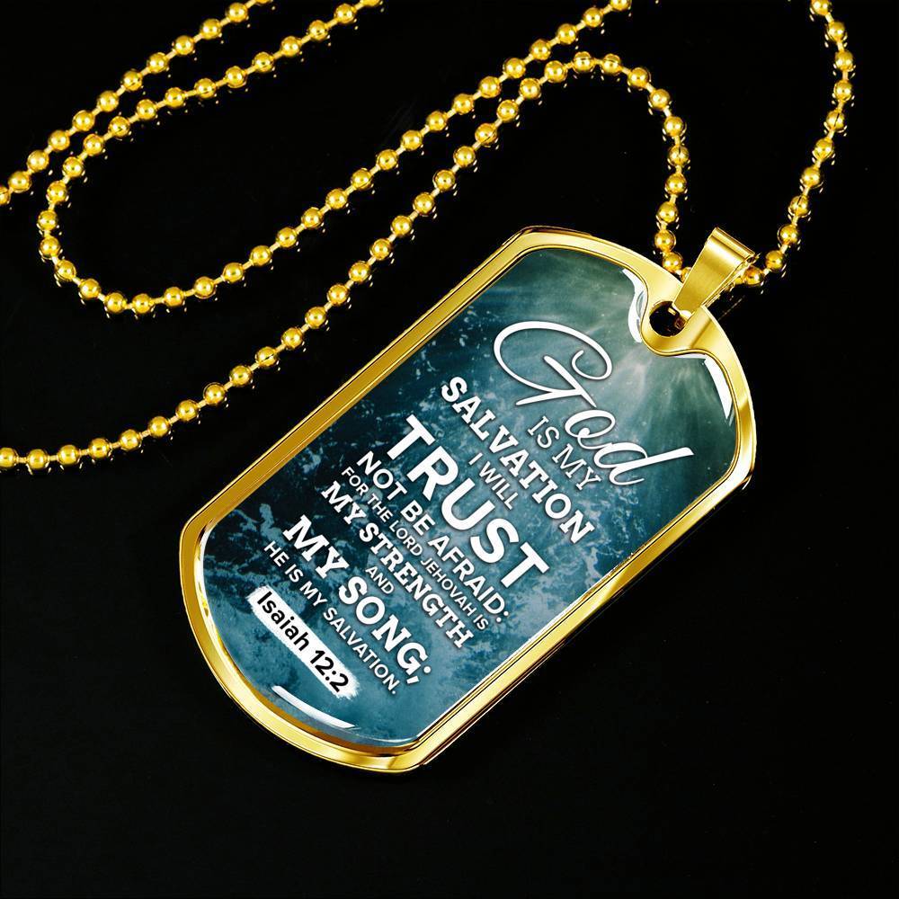 God Is My Strength & Salvation Necklace Stainless Steel or 18k Gold Dog Tag 24" Chain-Express Your Love Gifts