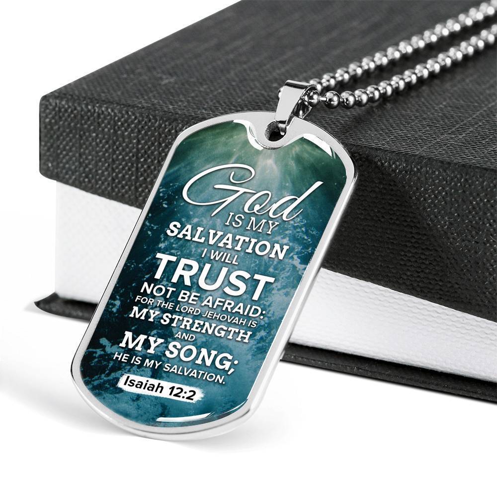 God Is My Strength & Salvation Necklace Stainless Steel or 18k Gold Dog Tag 24" Chain-Express Your Love Gifts
