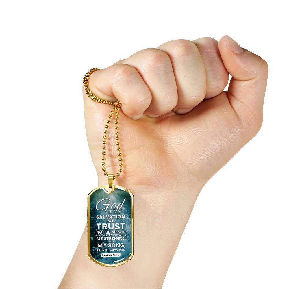 God Is My Strength & Salvation Necklace Stainless Steel or 18k Gold Dog Tag 24" Chain-Express Your Love Gifts