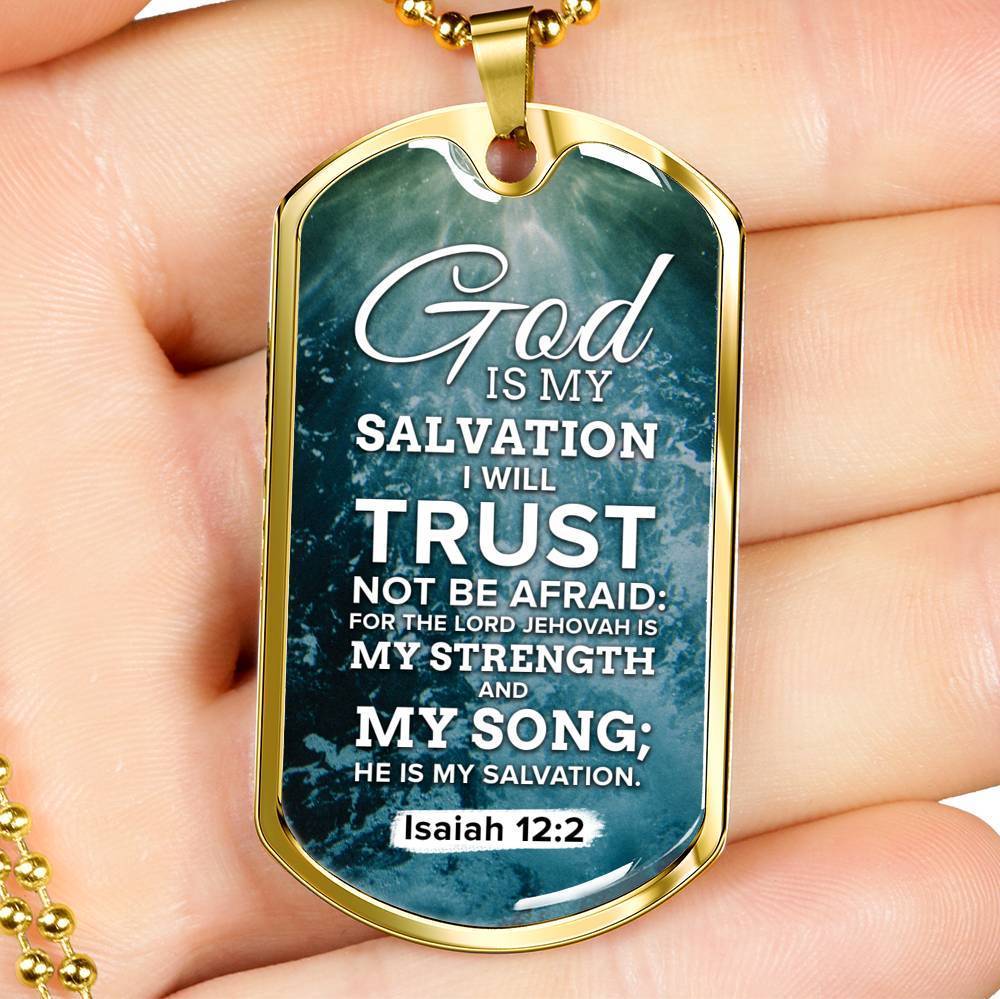 God Is My Strength & Salvation Necklace Stainless Steel or 18k Gold Dog Tag 24" Chain-Express Your Love Gifts