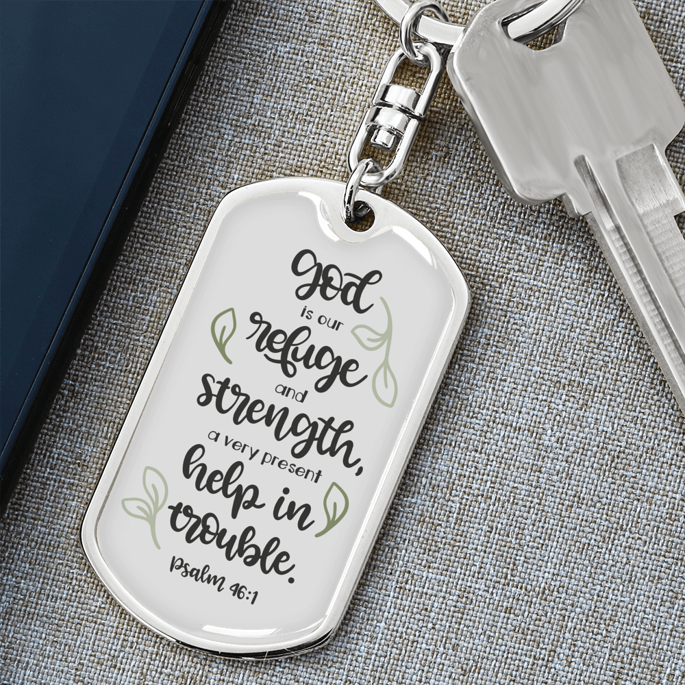 God Is Our Refuge Christian Keychain Stainless Steel or 18k Gold Dog Tag Keyring-Express Your Love Gifts