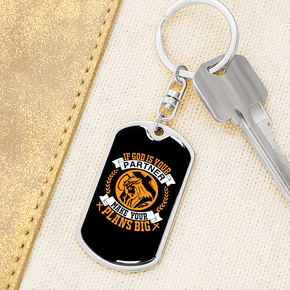God Is Your Partner Keychain Stainless Steel or 18k Gold Dog Tag Keyring-Express Your Love Gifts