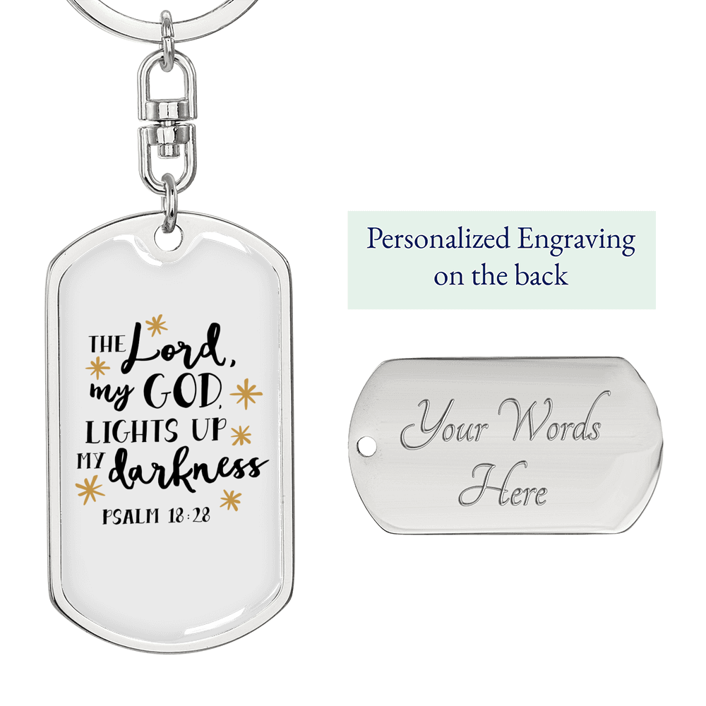 God Lights Up Psalm 18:28 Keychain Stainless Steel or 18k Gold Dog Tag Keyring-Express Your Love Gifts