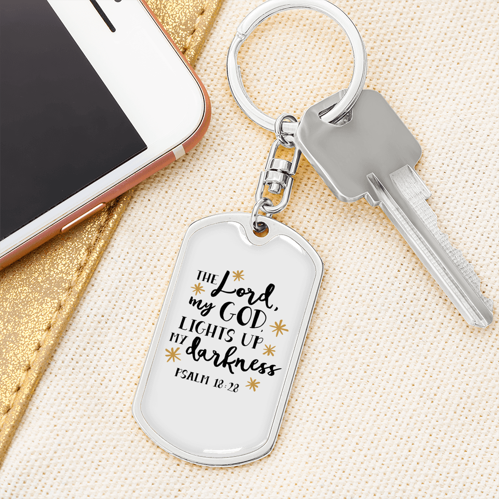 God Lights Up Psalm 18:28 Keychain Stainless Steel or 18k Gold Dog Tag Keyring-Express Your Love Gifts