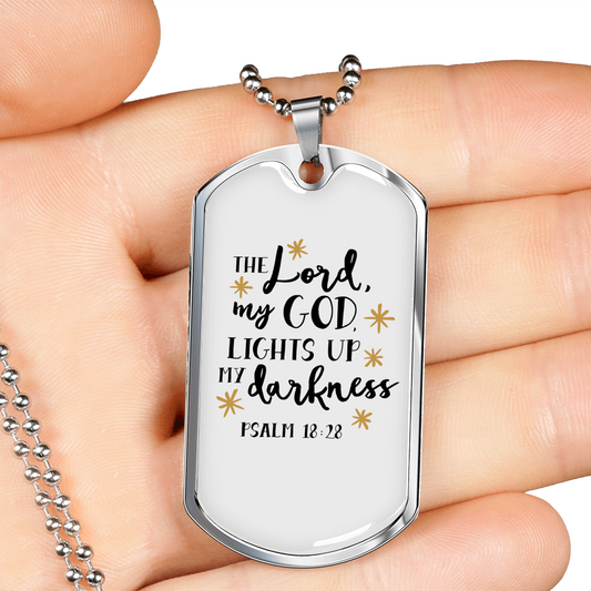 God Lights Up Psalm 18:28 Necklace Stainless Steel or 18k Gold Dog Tag 24" Chain-Express Your Love Gifts