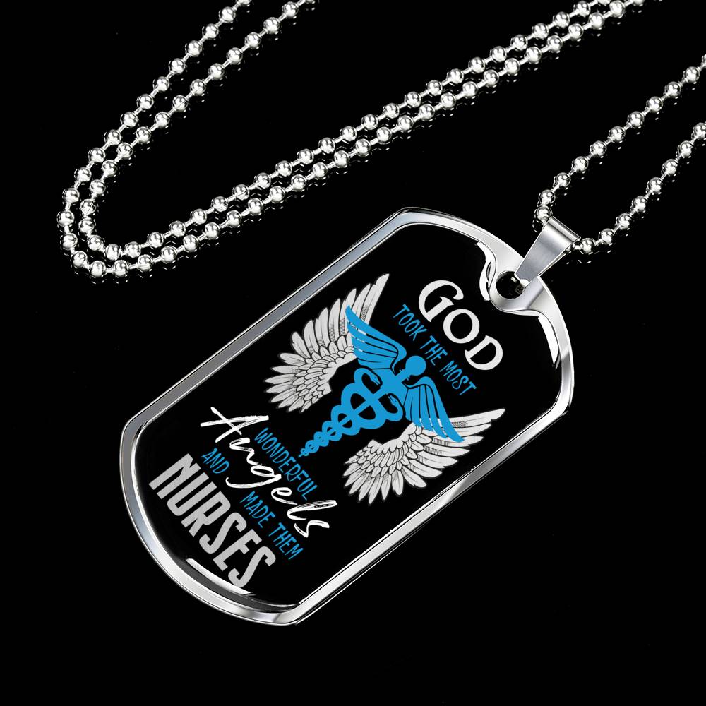 God Made Angels CaduceusNurse Necklace Stainless Steel or 18k Gold Dog Tag 24" - Express Your Love Gifts