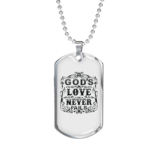God's Love Never Fails Necklace Stainless Steel or 18k Gold Dog Tag 24" Chain-Express Your Love Gifts