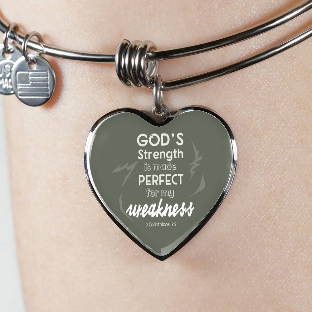 God'S Strength Is Made Perfect For My Weakness Stainless Steel or 18k Gold Heart Bangle Bracelet - Express Your Love Gifts