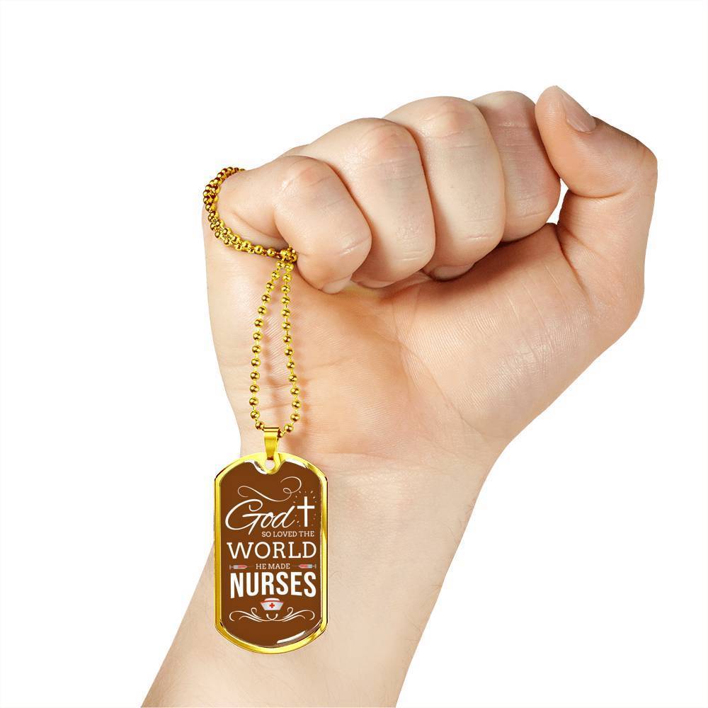 God So Loved The World Nurse Necklace Stainless Steel or 18k Gold Dog Tag W 24"-Express Your Love Gifts