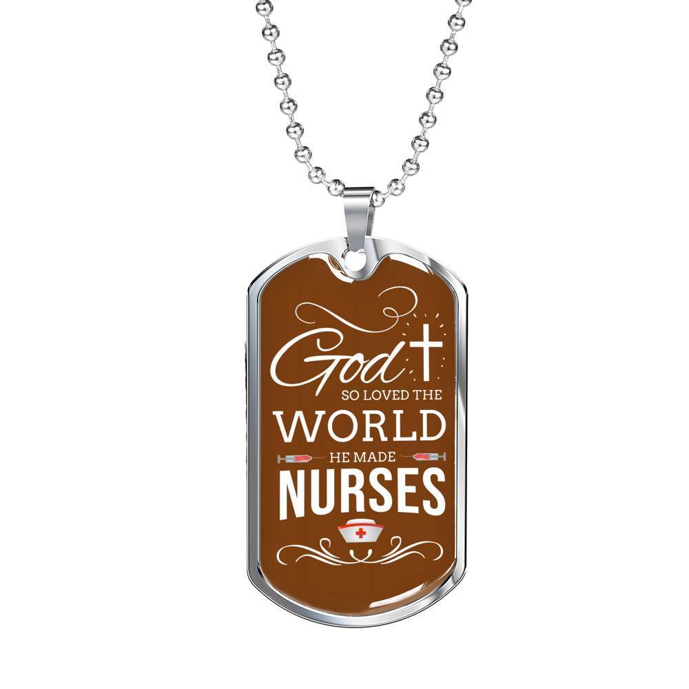 God So Loved The World Nurse Necklace Stainless Steel or 18k Gold Dog Tag W 24"-Express Your Love Gifts