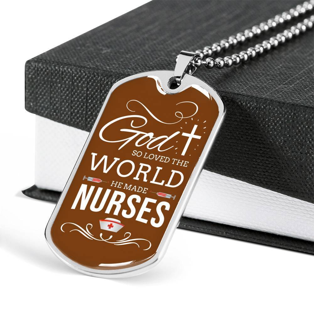 God So Loved The World Nurse Necklace Stainless Steel or 18k Gold Dog Tag W 24"-Express Your Love Gifts