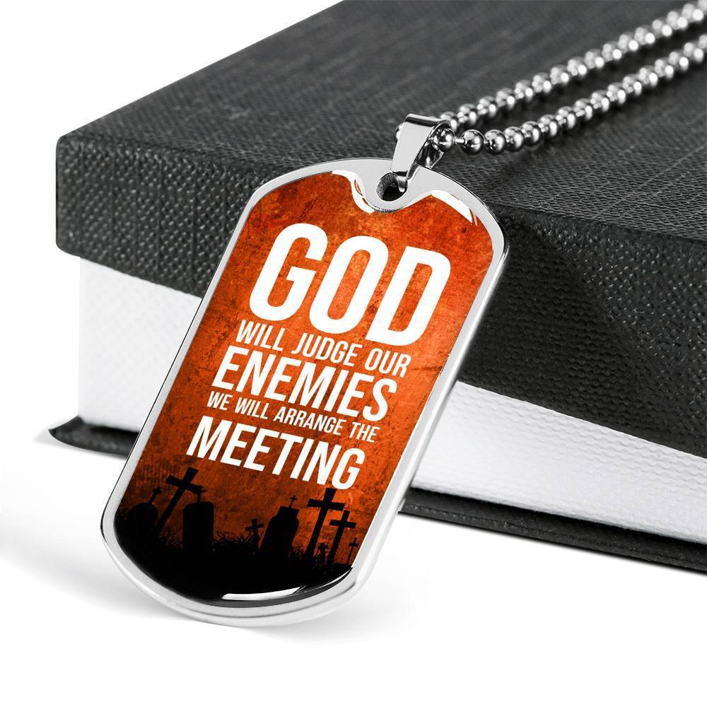 God Will Judge Our Enemies Orange Necklace Stainless Steel or 18k Gold Dog Tag 24" Chain-Express Your Love Gifts