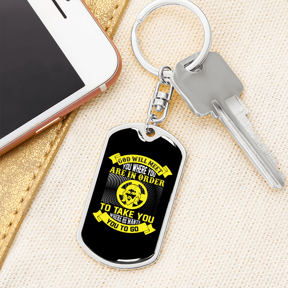 God Will Meet You Yellow Keychain Stainless Steel or 18k Gold Dog Tag Keyring-Express Your Love Gifts