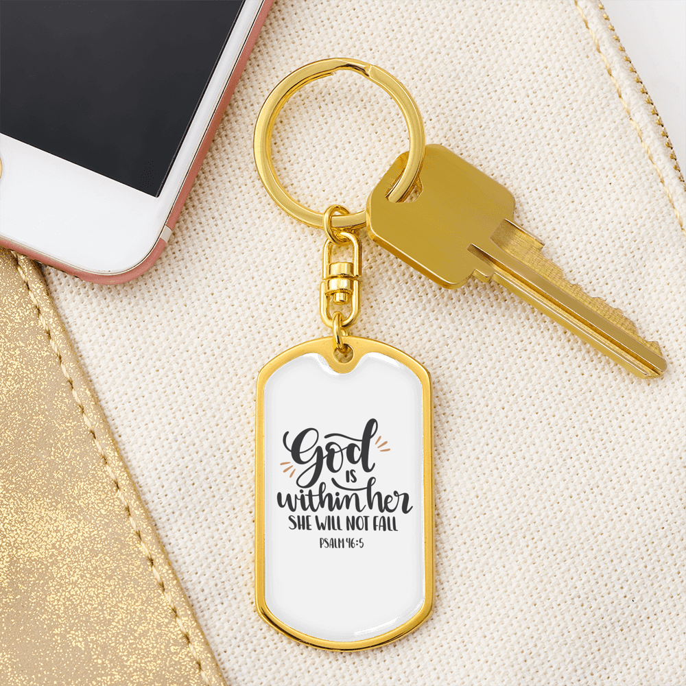 God Within Her Psalm 46:5 Keychain Stainless Steel or 18k Gold Dog Tag Keyring-Express Your Love Gifts
