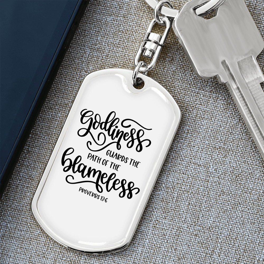Godliness Guards The Blameless Proverbs 13:6 Keychain Stainless Steel or 18k Gold Dog Tag Keyring-Express Your Love Gifts
