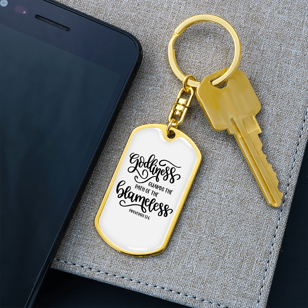 Godliness Guards The Blameless Proverbs 13:6 Keychain Stainless Steel or 18k Gold Dog Tag Keyring-Express Your Love Gifts