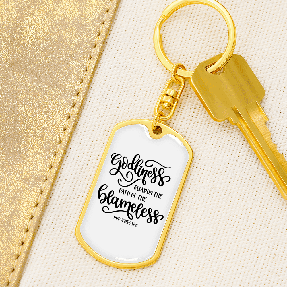 Godliness Guards The Blameless Proverbs 13:6 Keychain Stainless Steel or 18k Gold Dog Tag Keyring-Express Your Love Gifts