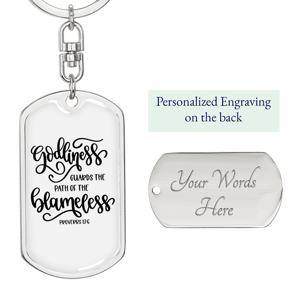 Godliness Guards The Blameless Proverbs 13:6 Keychain Stainless Steel or 18k Gold Dog Tag Keyring-Express Your Love Gifts