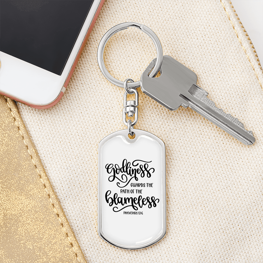Godliness Guards The Blameless Proverbs 13:6 Keychain Stainless Steel or 18k Gold Dog Tag Keyring-Express Your Love Gifts
