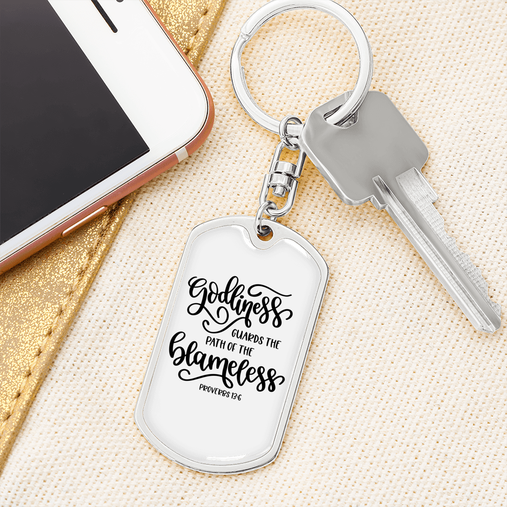 Godliness Guards The Blameless Proverbs 13:6 Keychain Stainless Steel or 18k Gold Dog Tag Keyring-Express Your Love Gifts