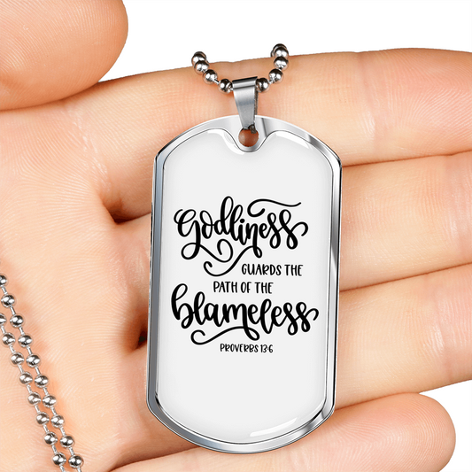 Godliness Guards The Blameless Proverbs 13:6 Necklace Stainless Steel or 18k Gold Dog Tag 24" Chain-Express Your Love Gifts