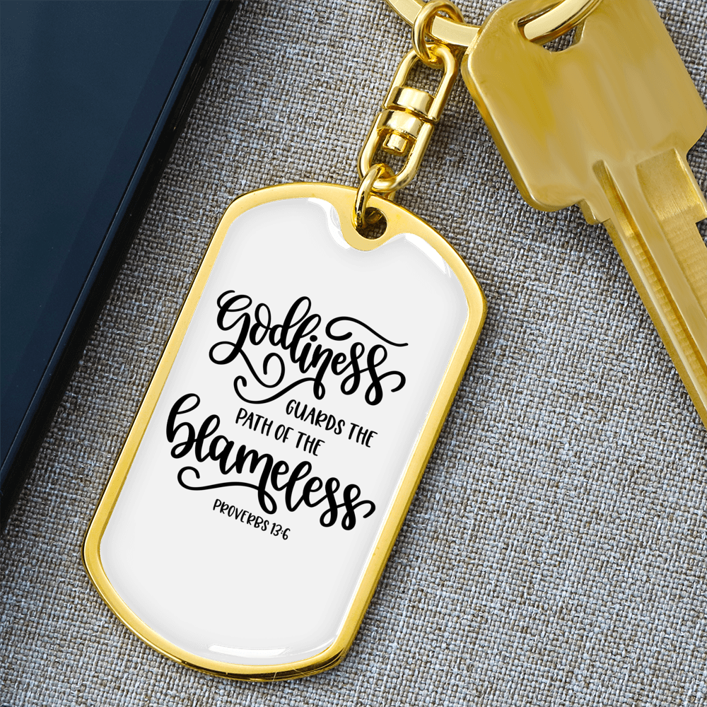 Godliness Proverbs 13:6 Keychain Stainless Steel or 18k Gold Dog Tag Keyring-Express Your Love Gifts