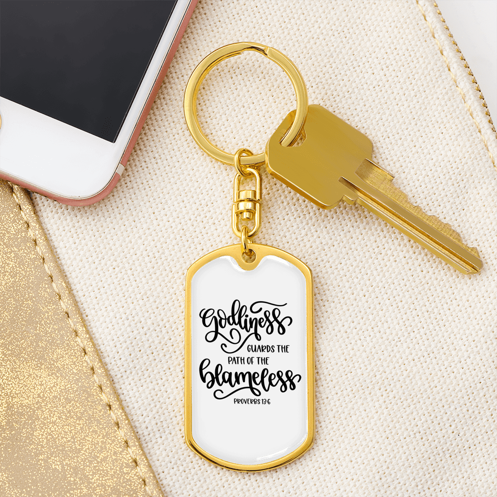 Godliness Proverbs 13:6 Keychain Stainless Steel or 18k Gold Dog Tag Keyring-Express Your Love Gifts