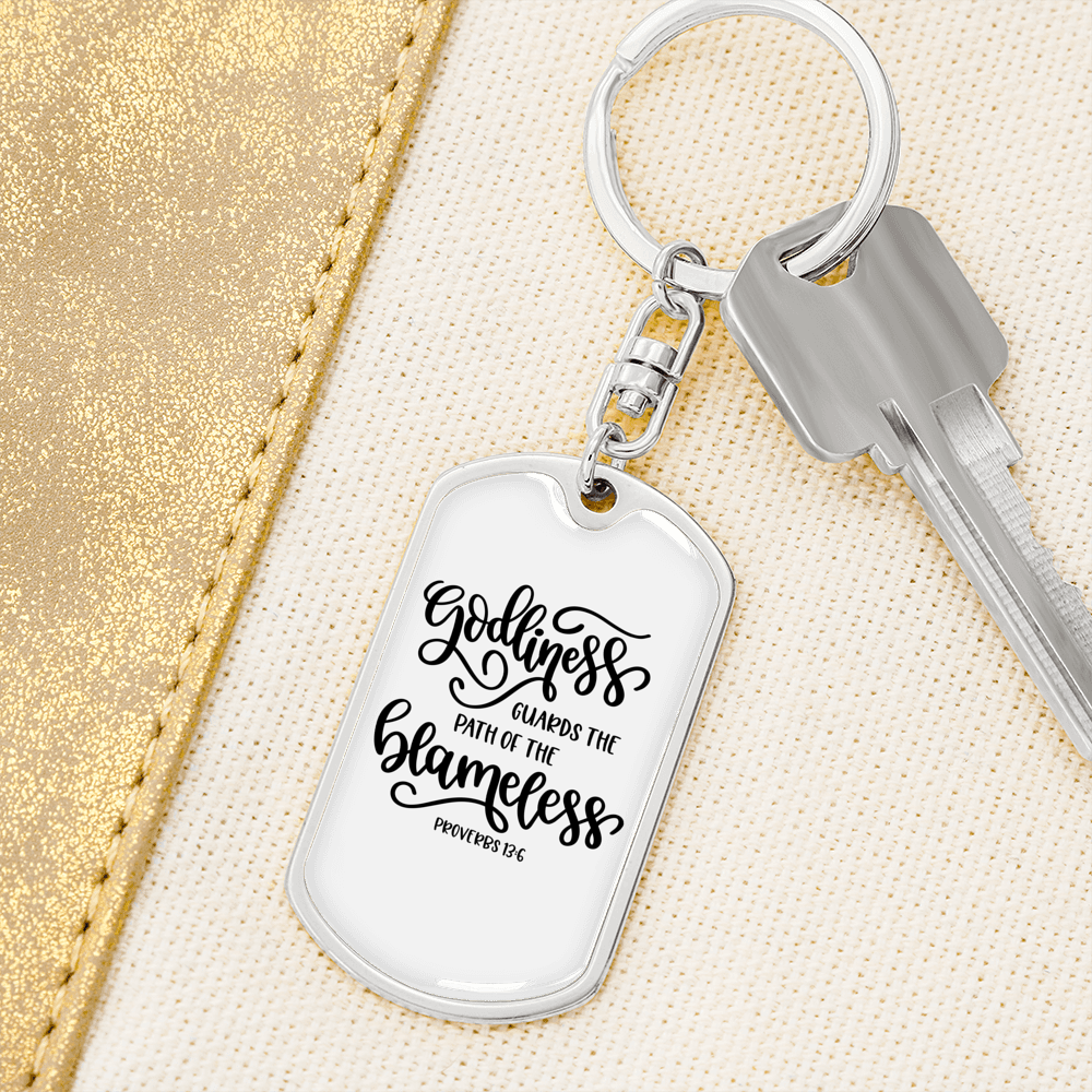 Godliness Proverbs 13:6 Keychain Stainless Steel or 18k Gold Dog Tag Keyring-Express Your Love Gifts