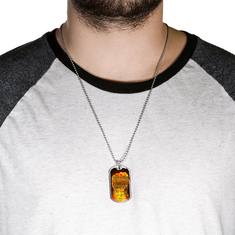 Good Fight Of Faith Christian Faith Necklace Stainless Steel or 18k Gold Dog Tag 24" Chain-Express Your Love Gifts