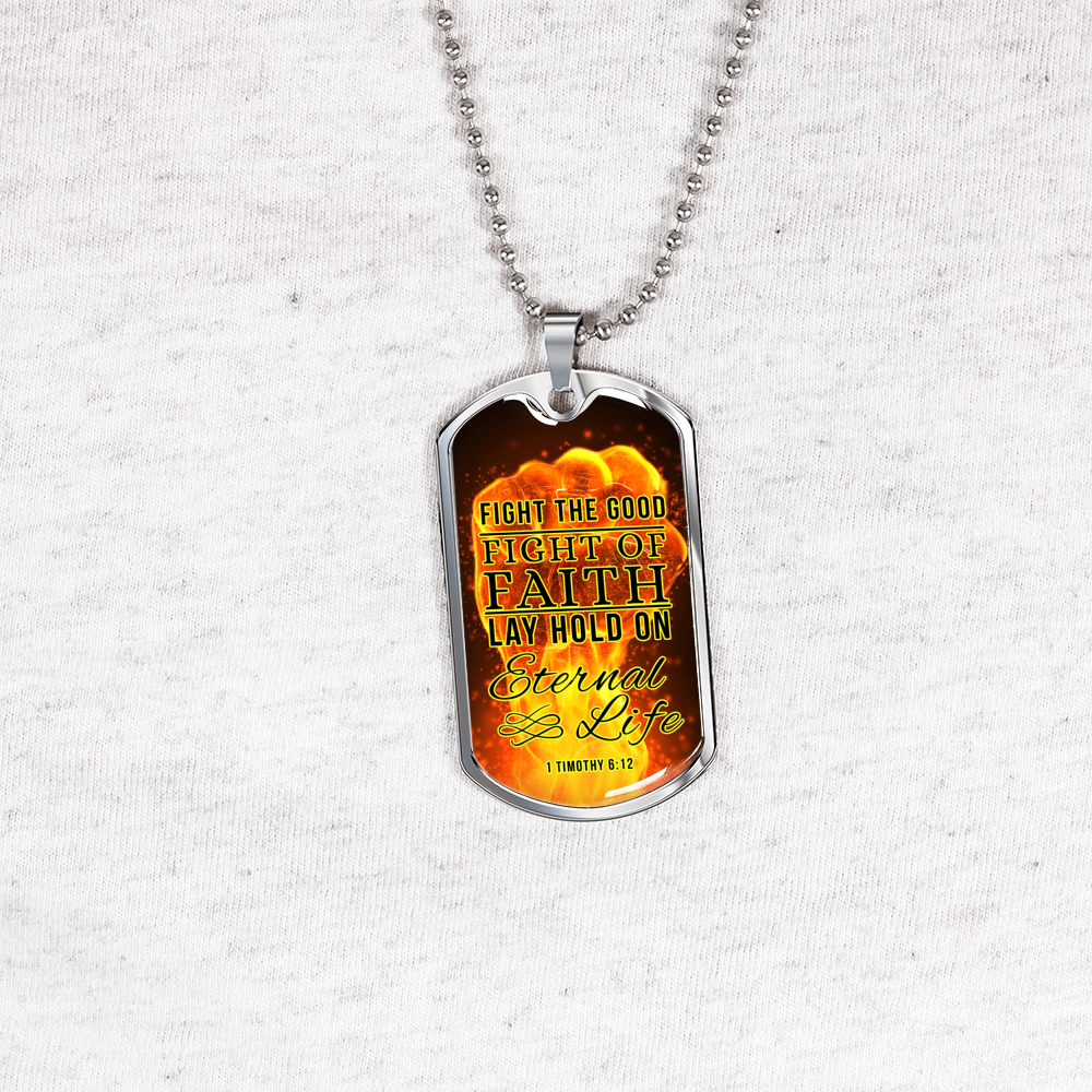 Good Fight Of Faith Christian Faith Necklace Stainless Steel or 18k Gold Dog Tag 24" Chain-Express Your Love Gifts