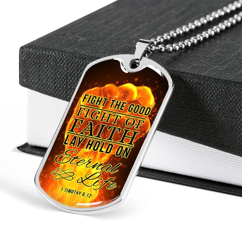 Good Fight Of Faith Christian Faith Necklace Stainless Steel or 18k Gold Dog Tag 24" Chain-Express Your Love Gifts