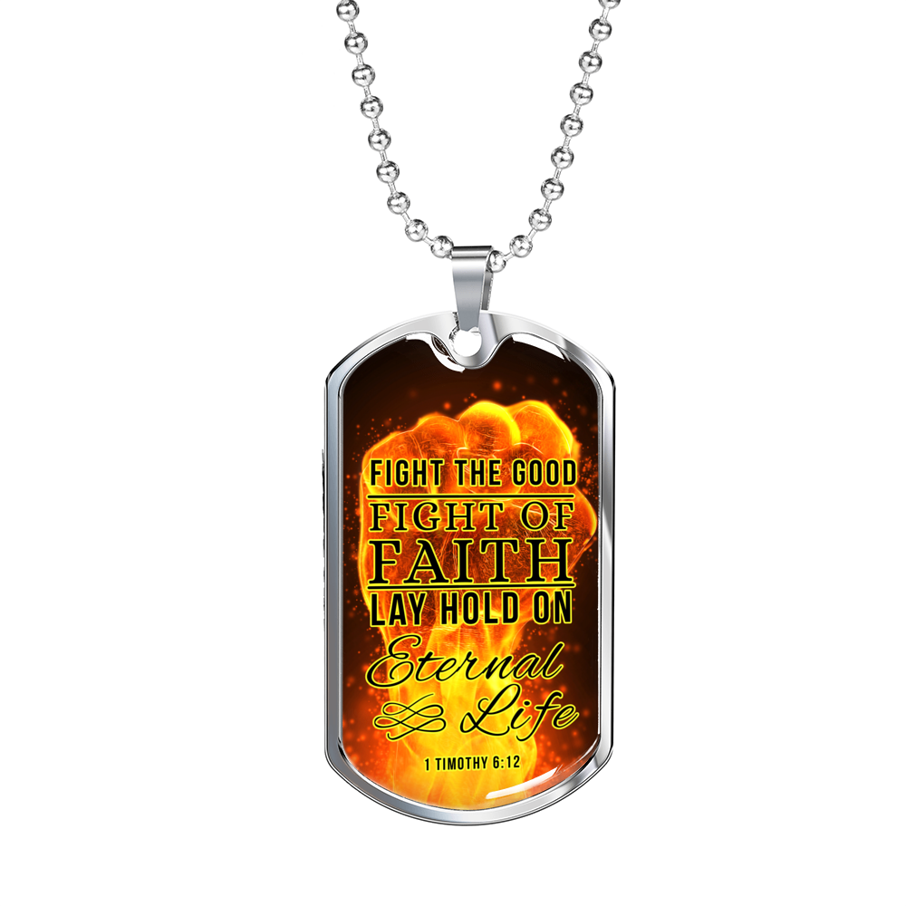 Good Fight Of Faith Christian Faith Necklace Stainless Steel or 18k Gold Dog Tag 24" Chain-Express Your Love Gifts