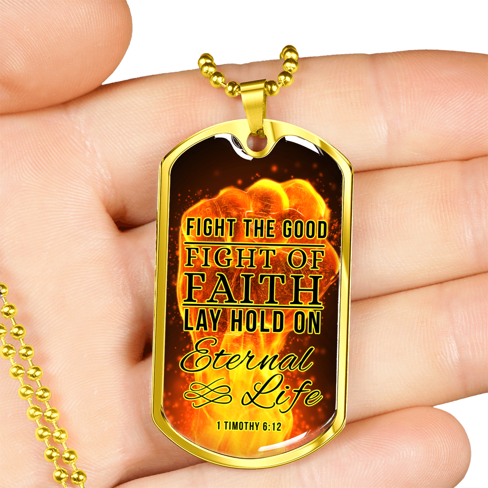 Good Fight Of Faith Christian Faith Necklace Stainless Steel or 18k Gold Dog Tag 24" Chain-Express Your Love Gifts