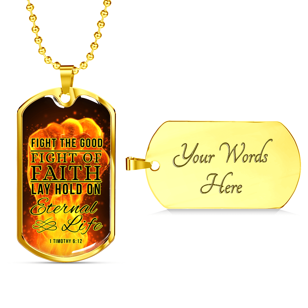 Good Fight Of Faith Christian Faith Necklace Stainless Steel or 18k Gold Dog Tag 24" Chain-Express Your Love Gifts