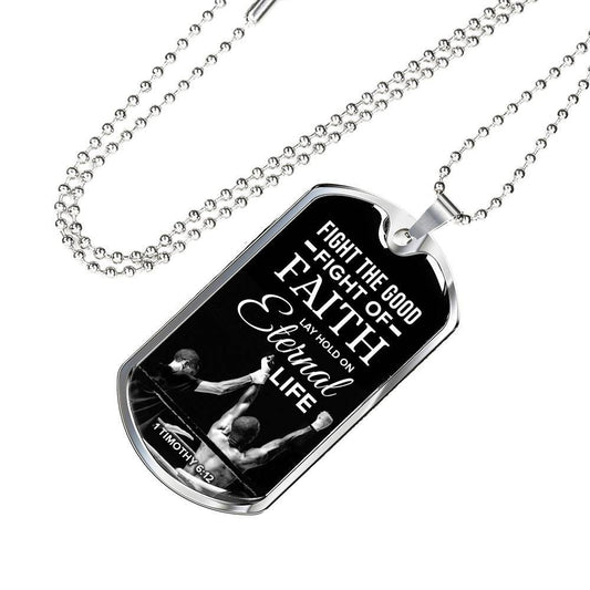 Good Fight of Faith Inspirational Bible Verse Necklace Stainless Steel or 18k Gold Dog Tag w 24" Chain