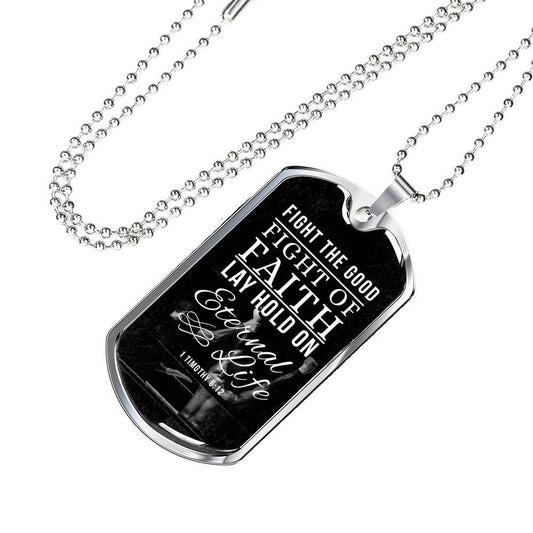 Good Fight of Faith Faith Gear Timothy Necklace Stainless Steel or 18k Gold Dog Tag w 24" Chain