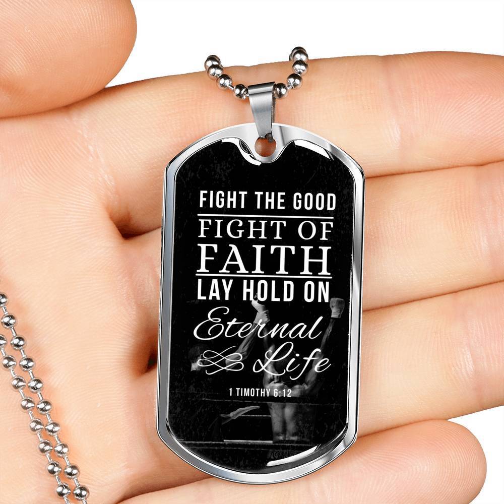 Good Fight Of Faith Timothy Necklace Stainless Steel or 18k Gold Dog Tag 24" Chain-Express Your Love Gifts