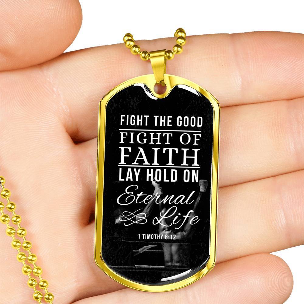 Good Fight Of Faith Timothy Necklace Stainless Steel or 18k Gold Dog Tag 24" Chain-Express Your Love Gifts