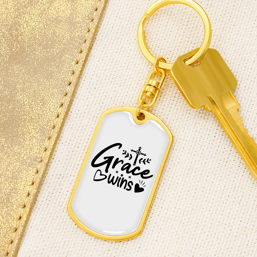Grace Wins Cross Keychain Stainless Steel or 18k Gold Dog Tag Keyring-Express Your Love Gifts