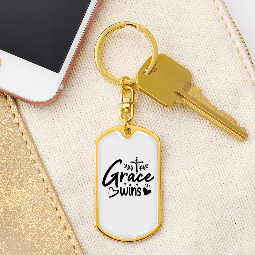 Grace Wins Cross Keychain Stainless Steel or 18k Gold Dog Tag Keyring-Express Your Love Gifts