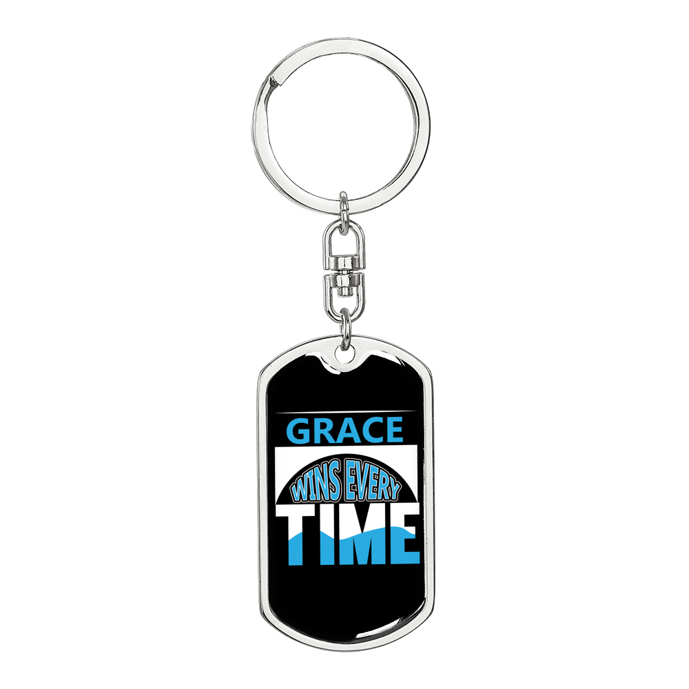 Grace Wins Every Time Keychain Stainless Steel or 18k Gold Dog Tag Keyring-Express Your Love Gifts