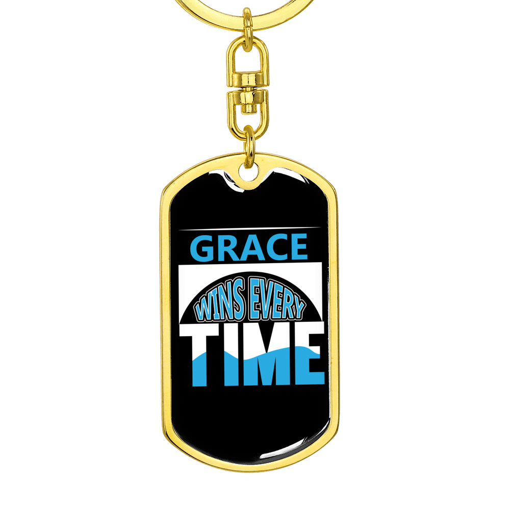 Grace Wins Every Time Keychain Stainless Steel or 18k Gold Dog Tag Keyring-Express Your Love Gifts