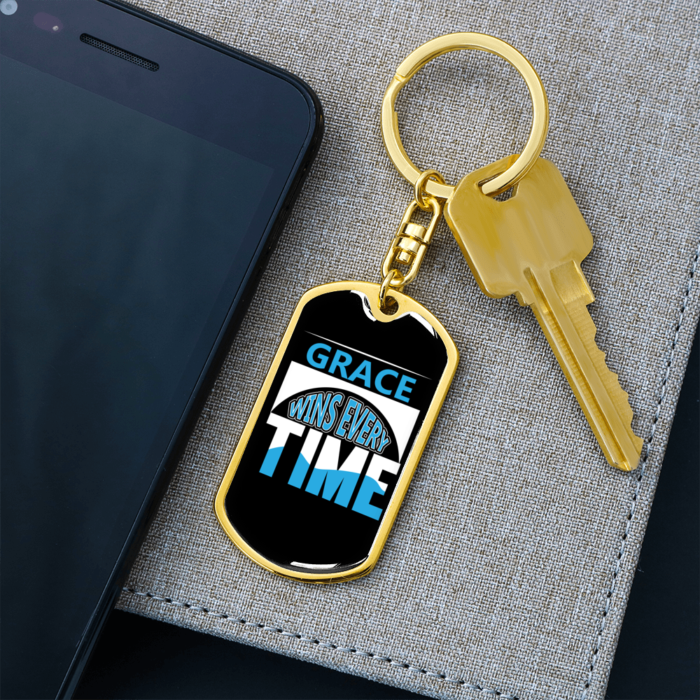 Grace Wins Every Time Keychain Stainless Steel or 18k Gold Dog Tag Keyring-Express Your Love Gifts
