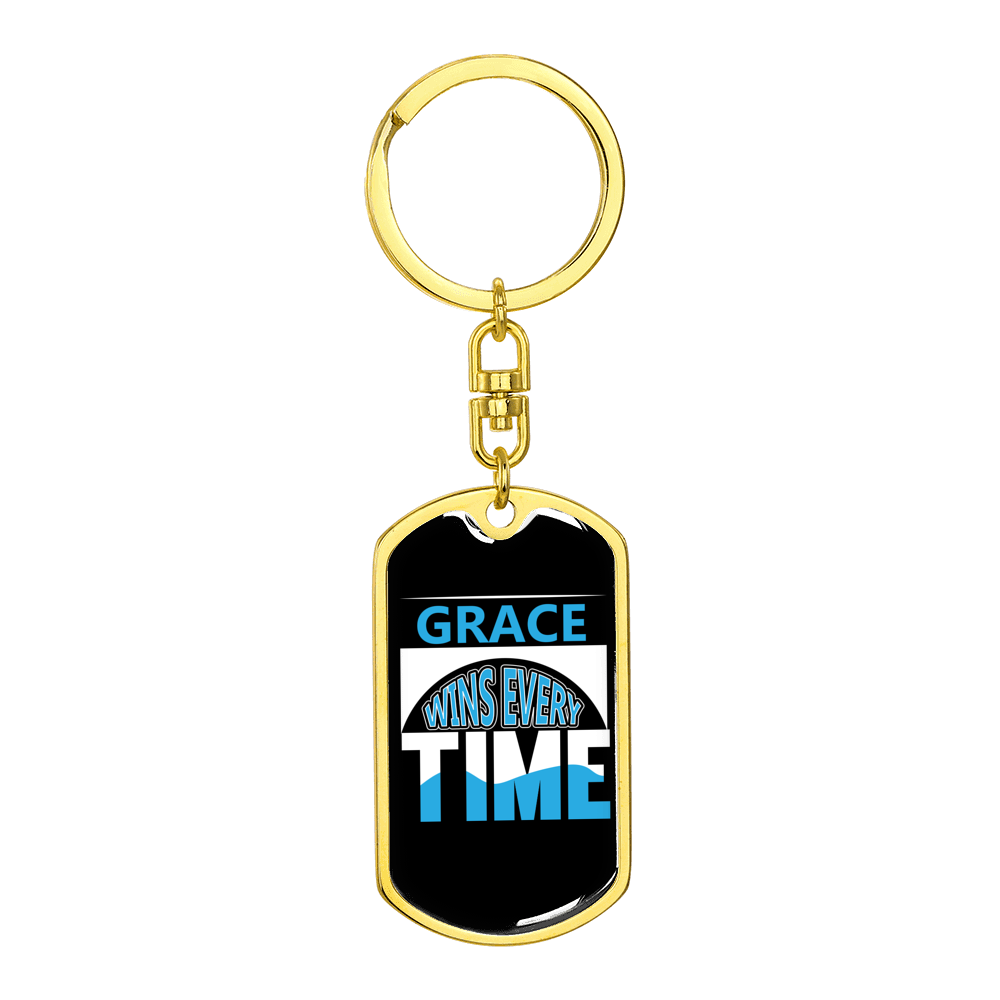 Grace Wins Every Time Stainless Steel or 18k Gold Premium Swivel Dog Tag Keychain