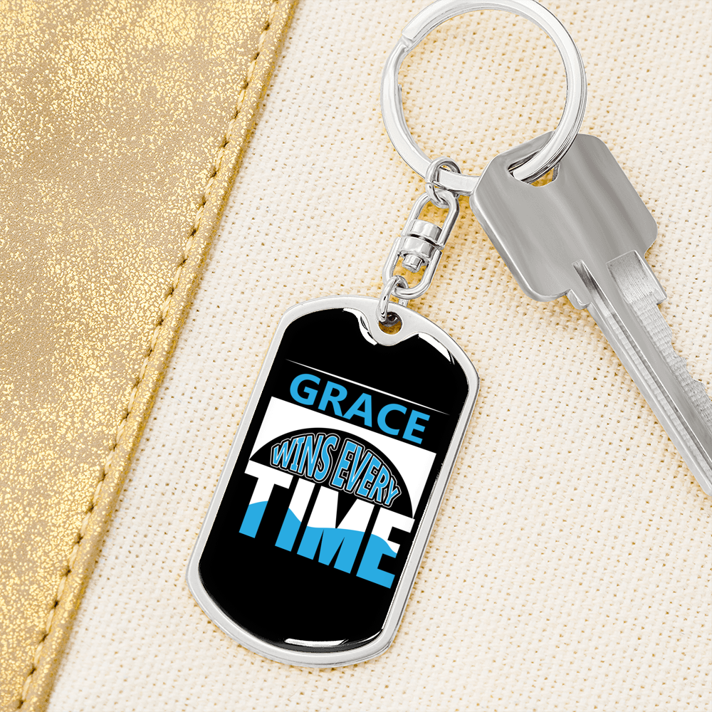 Grace Wins Every Time Keychain Stainless Steel or 18k Gold Dog Tag Keyring-Express Your Love Gifts