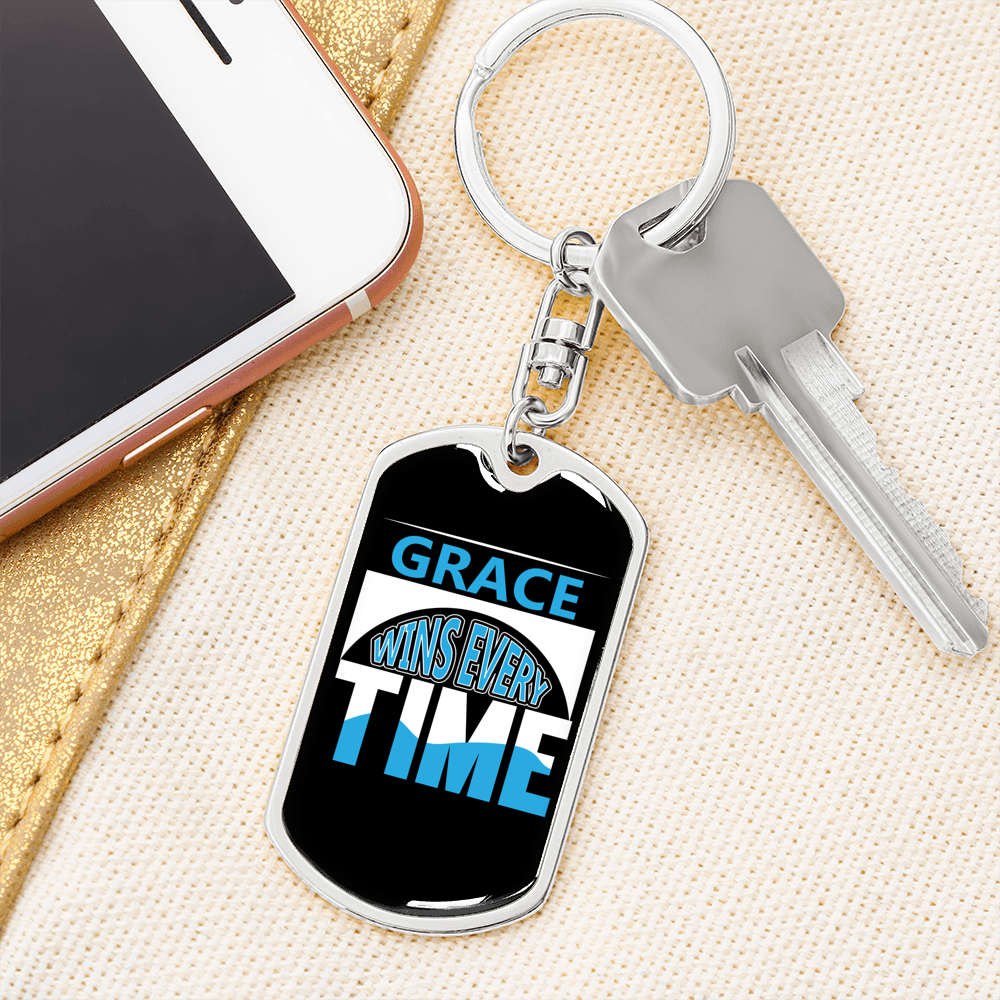 Grace Wins Every Time Keychain Stainless Steel or 18k Gold Dog Tag Keyring-Express Your Love Gifts