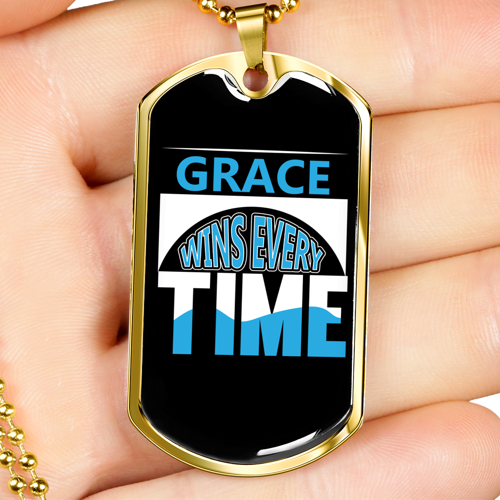 Grace Wins Every Time Necklace Stainless Steel or 18k Gold Dog Tag 24" Chain-Express Your Love Gifts