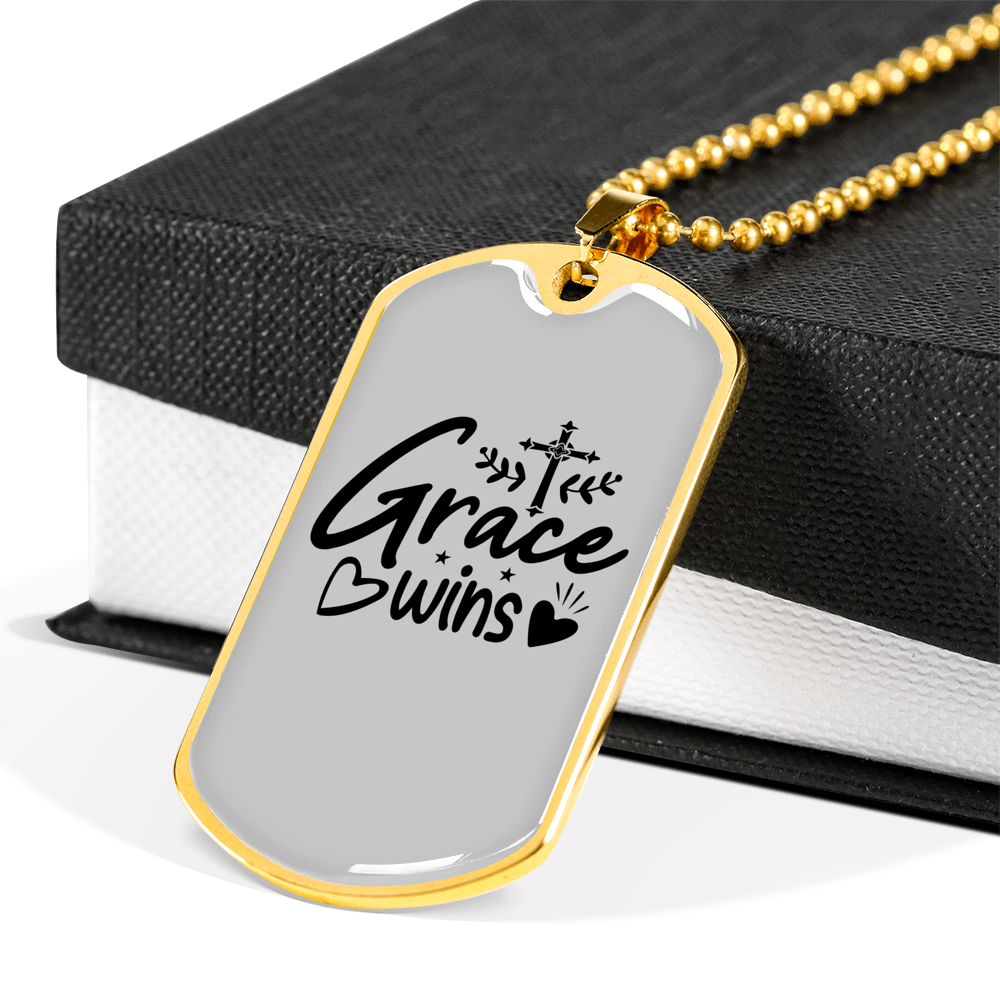 Grace Wins Necklace Stainless Steel or 18k Gold Dog Tag 24" Chain-Express Your Love Gifts