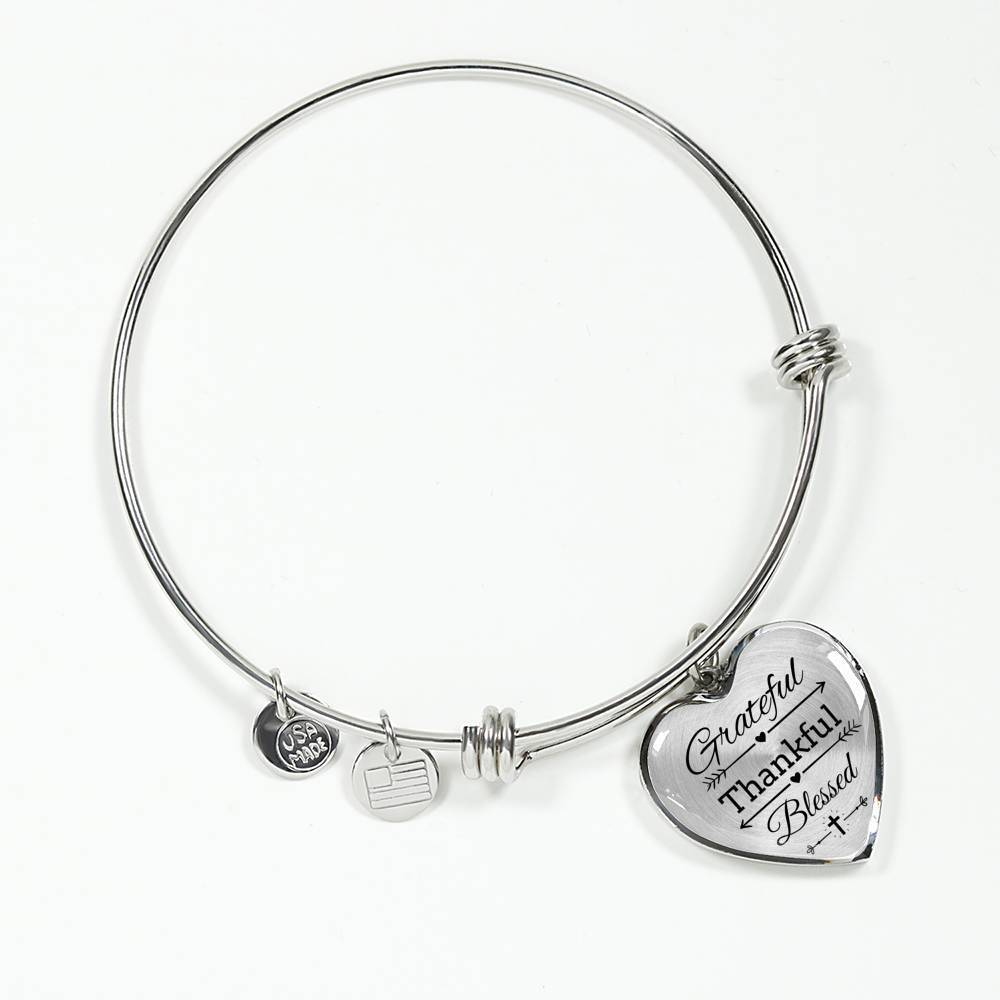 Grateful Thankful Blessed Christian Faith Psalms Heart Bracelet Bangle - Express Your Love Gifts