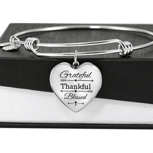 Grateful Thankful Blessed Heart Bangle Stainless Steel or 18k Gold 18-22"-Express Your Love Gifts